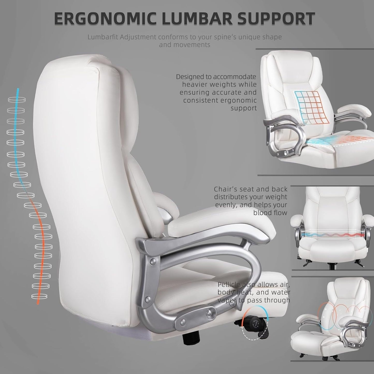 Sedia da ufficio Bossin Big and Tall Executive, sedia ergonomica con supporto lombare regolabile da 500 libbre, schienale alto in pelle PU per computer