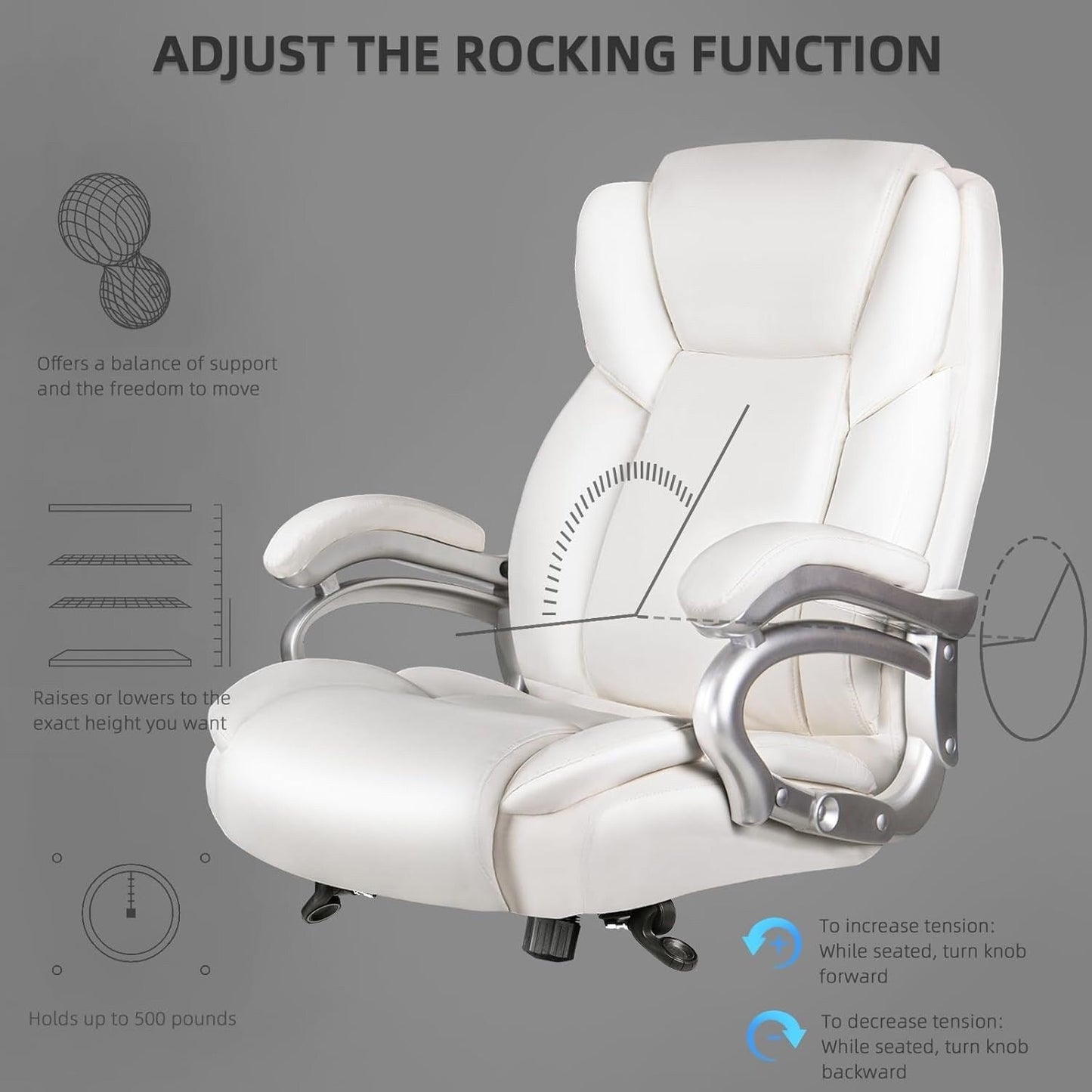 Sedia da ufficio Bossin Big and Tall Executive, sedia ergonomica con supporto lombare regolabile da 500 libbre, schienale alto in pelle PU per computer