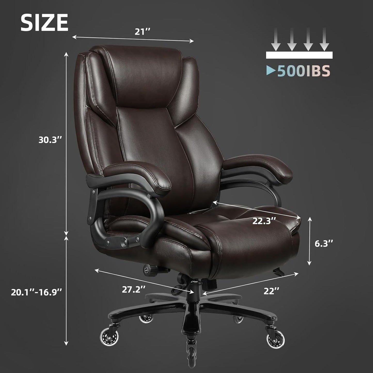 Sedia da ufficio Bossin Big and Tall Executive, sedia ergonomica con supporto lombare regolabile da 500 libbre, schienale alto in pelle PU per computer