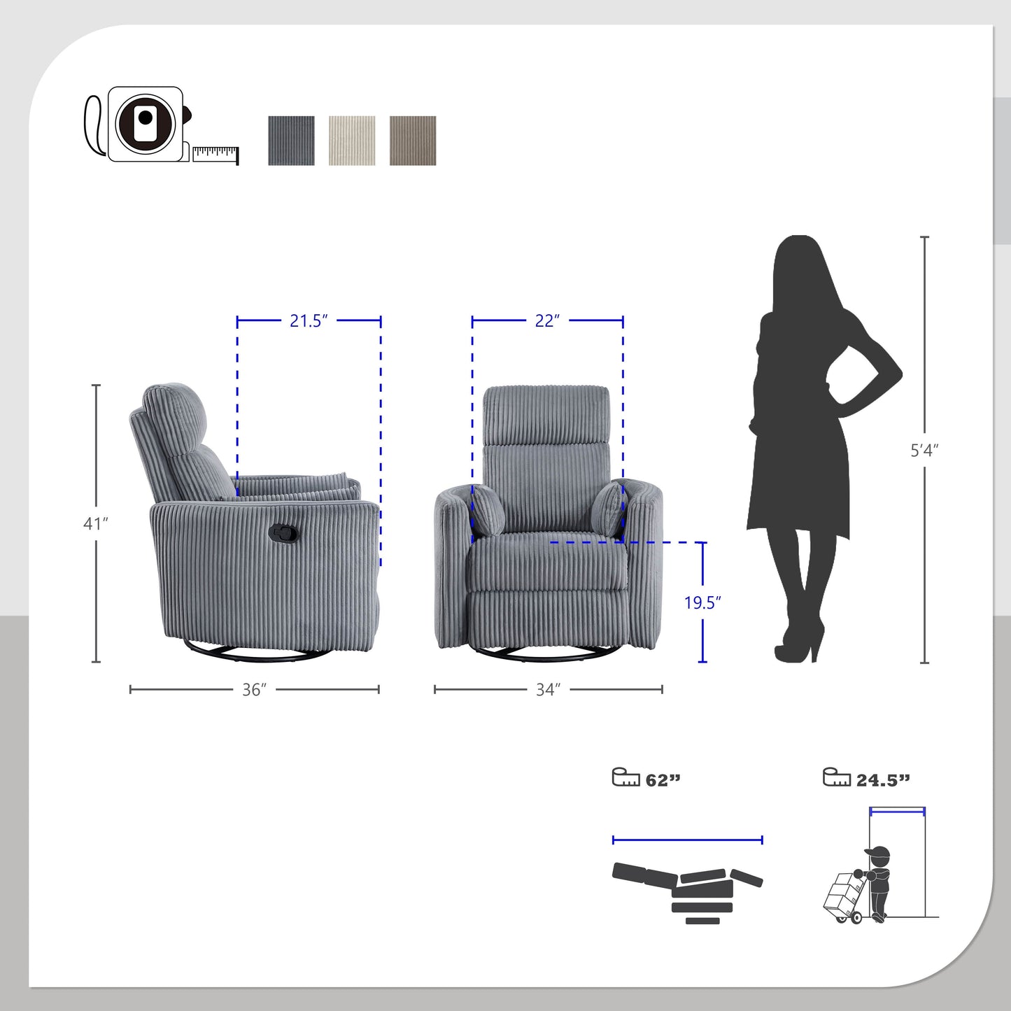 Poltrona reclinabile manuale girevole in velluto a coste Braidy