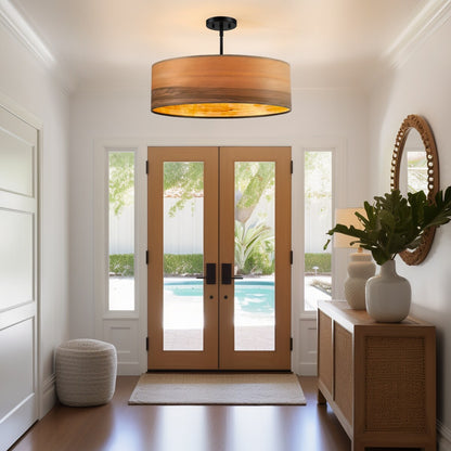 Lampadario a tamburo Breaux a 4 luci in legno impiallacciato con baldacchino nero - 22 pollici di larghezza