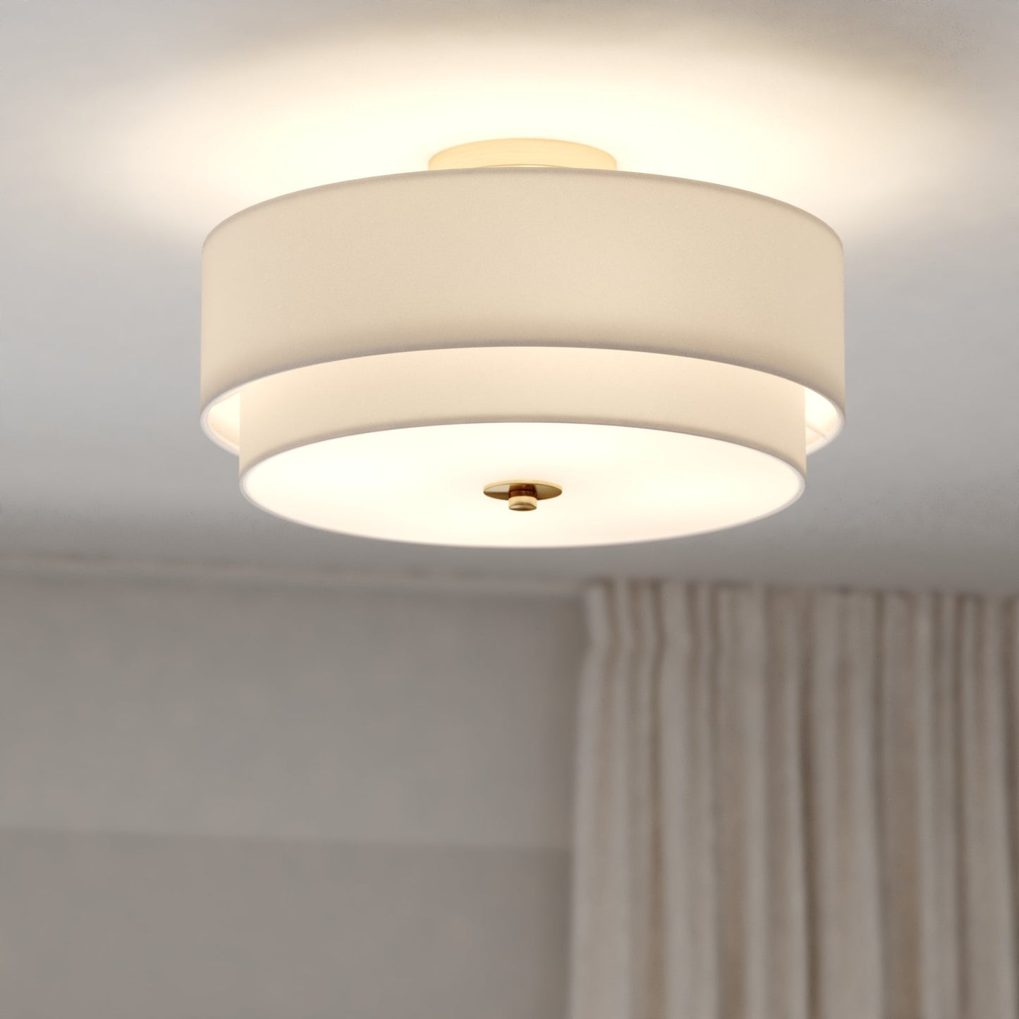 Lampada da soffitto Burnaby Mid-Century Modern con paralume a tamburo in lino bianco