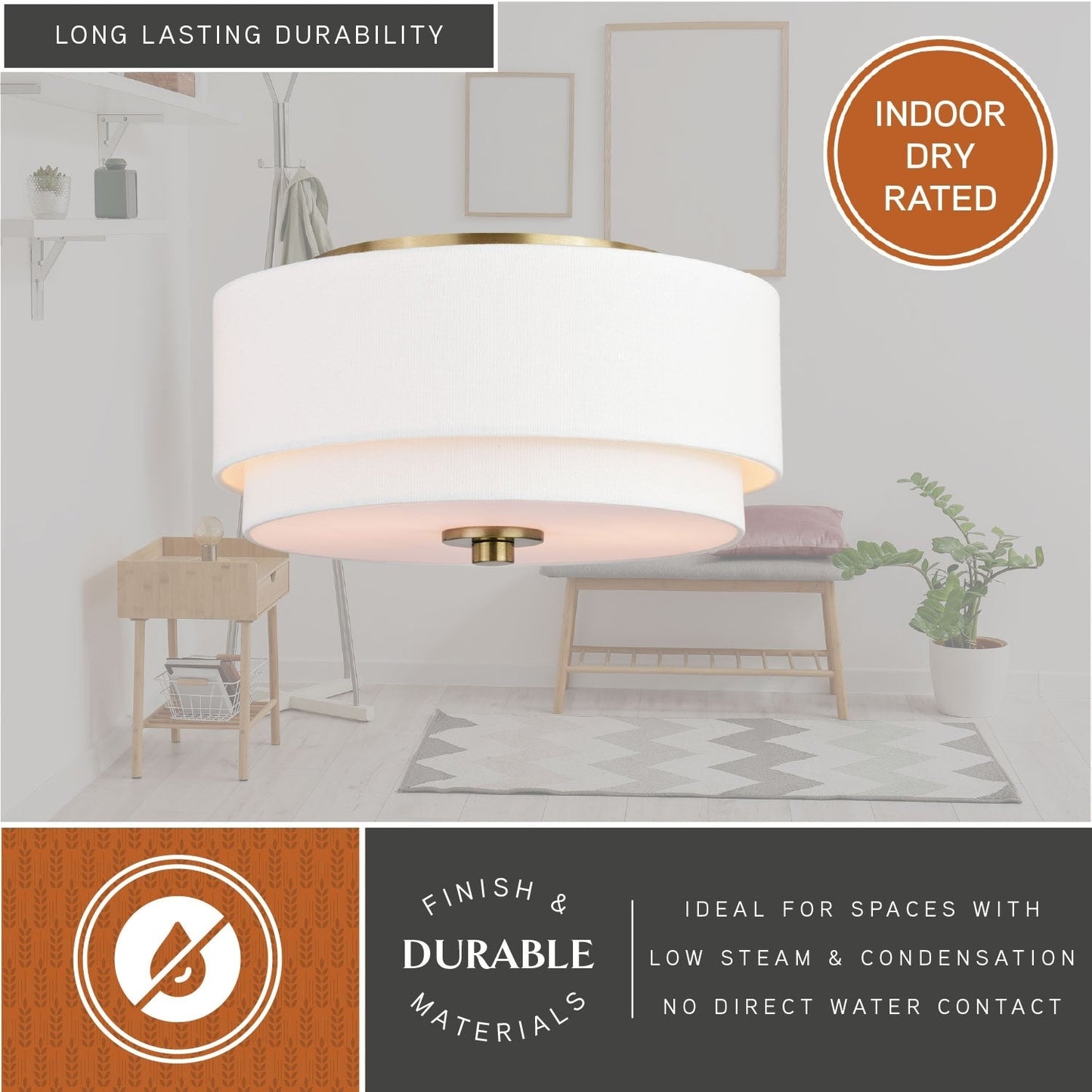 Lampada da soffitto Burnaby Mid-Century Modern con paralume a tamburo in lino bianco