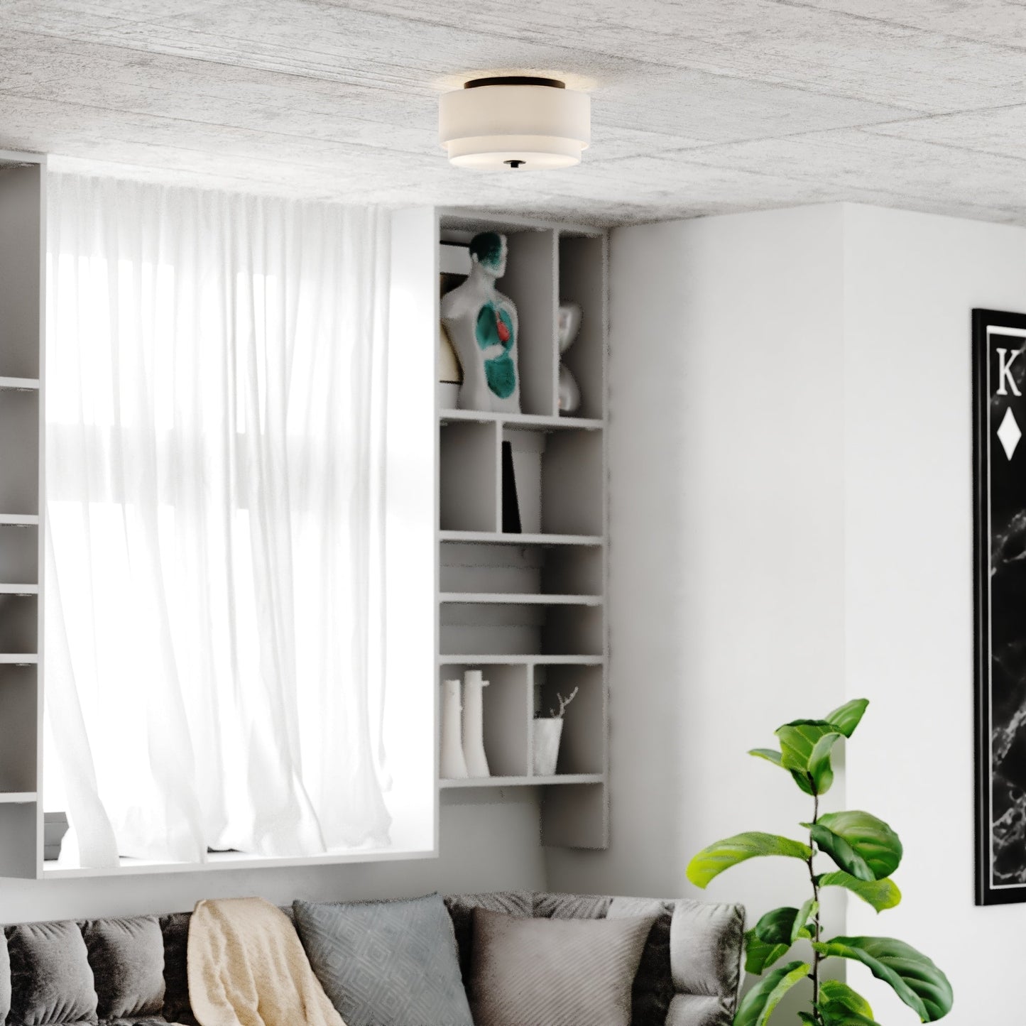 Lampada da soffitto Burnaby Mid-Century Modern con paralume a tamburo in lino bianco