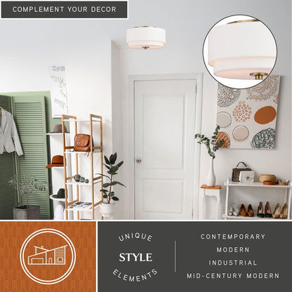 Lampada da soffitto Burnaby Mid-Century Modern con paralume a tamburo in lino bianco