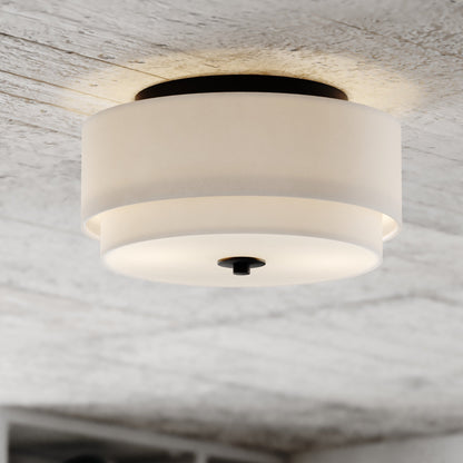 Lampada da soffitto Burnaby Mid-Century Modern con paralume a tamburo in lino bianco