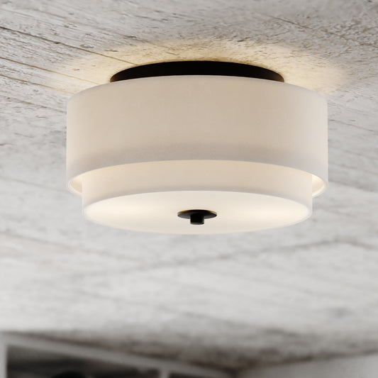 Lampada da soffitto Burnaby Mid-Century Modern con paralume a tamburo in lino bianco