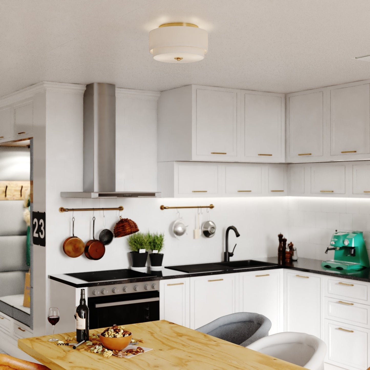 Lampada da soffitto Burnaby Mid-Century Modern con paralume a tamburo in lino bianco