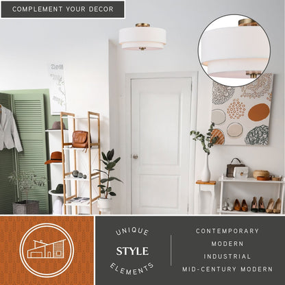 Lampada da soffitto Burnaby Mid-Century Modern con paralume a tamburo in lino bianco