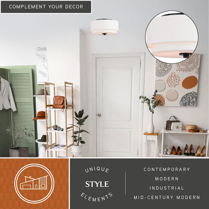 Lampada da soffitto Burnaby Mid-Century Modern con paralume a tamburo in lino bianco