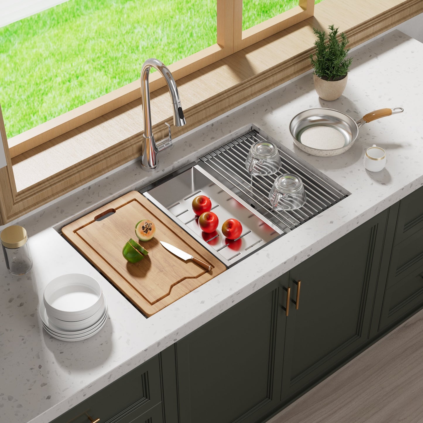 Lavello da cucina sottotop CB HOME da 32'' in oro, lavello da cucina in acciaio inox/nero da incasso, lavello da cucina a una vasca con accessori