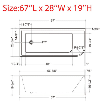 Vasche da bagno autoportanti in acrilico CB HOME da 59''/67'', vasche da bagno con un solo lato contro la parete, troppo pieno a sinistra/destra