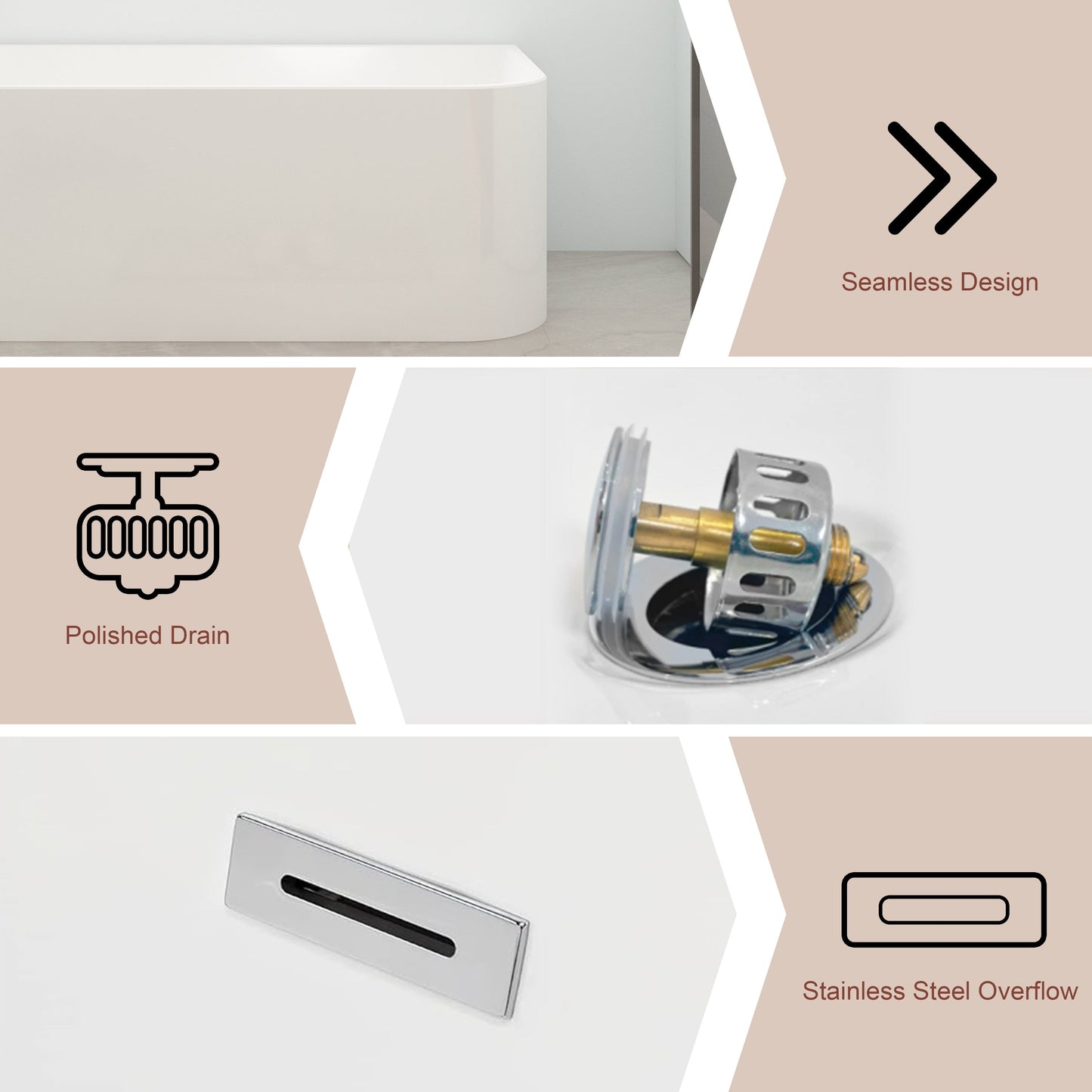 Vasche da bagno autoportanti in acrilico CB HOME da 59''/67'', vasche da bagno con un solo lato contro la parete, troppo pieno a sinistra/destra