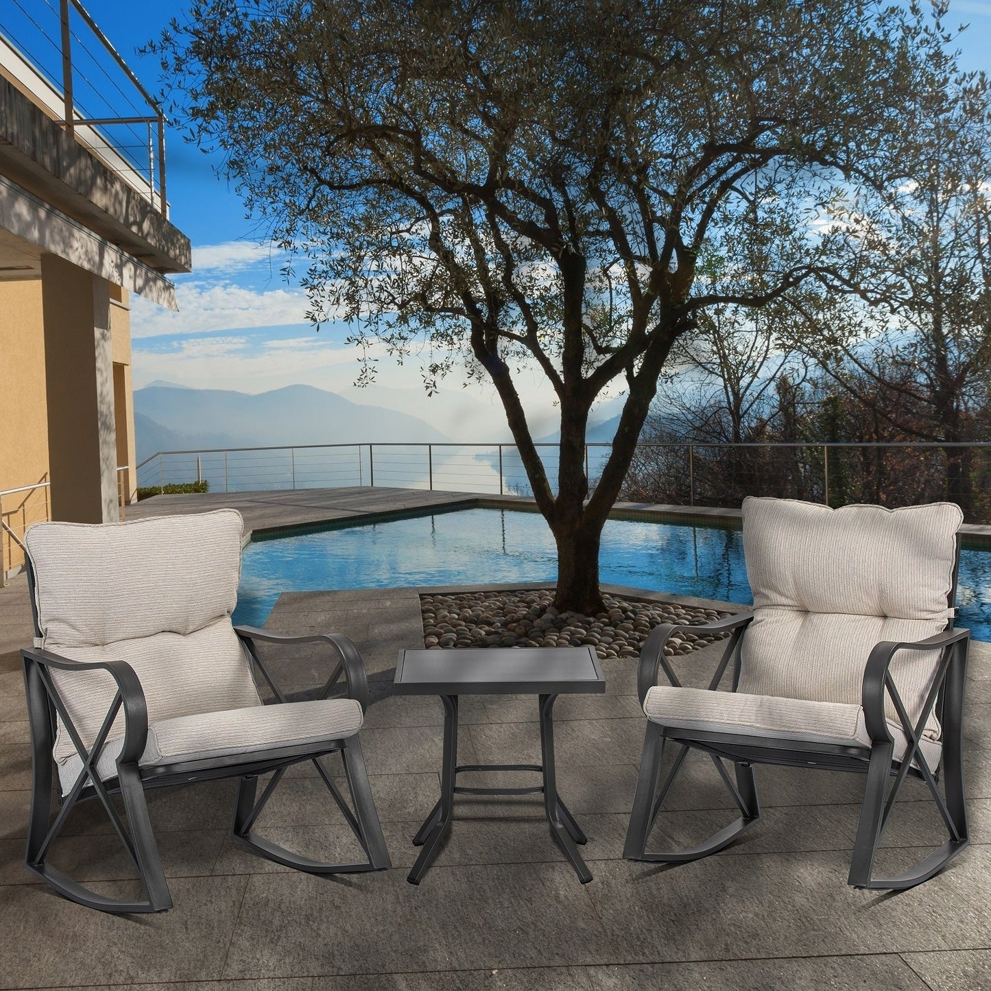 COSIEST - Set di 3 sedie a dondolo da esterno con tavolino laterale