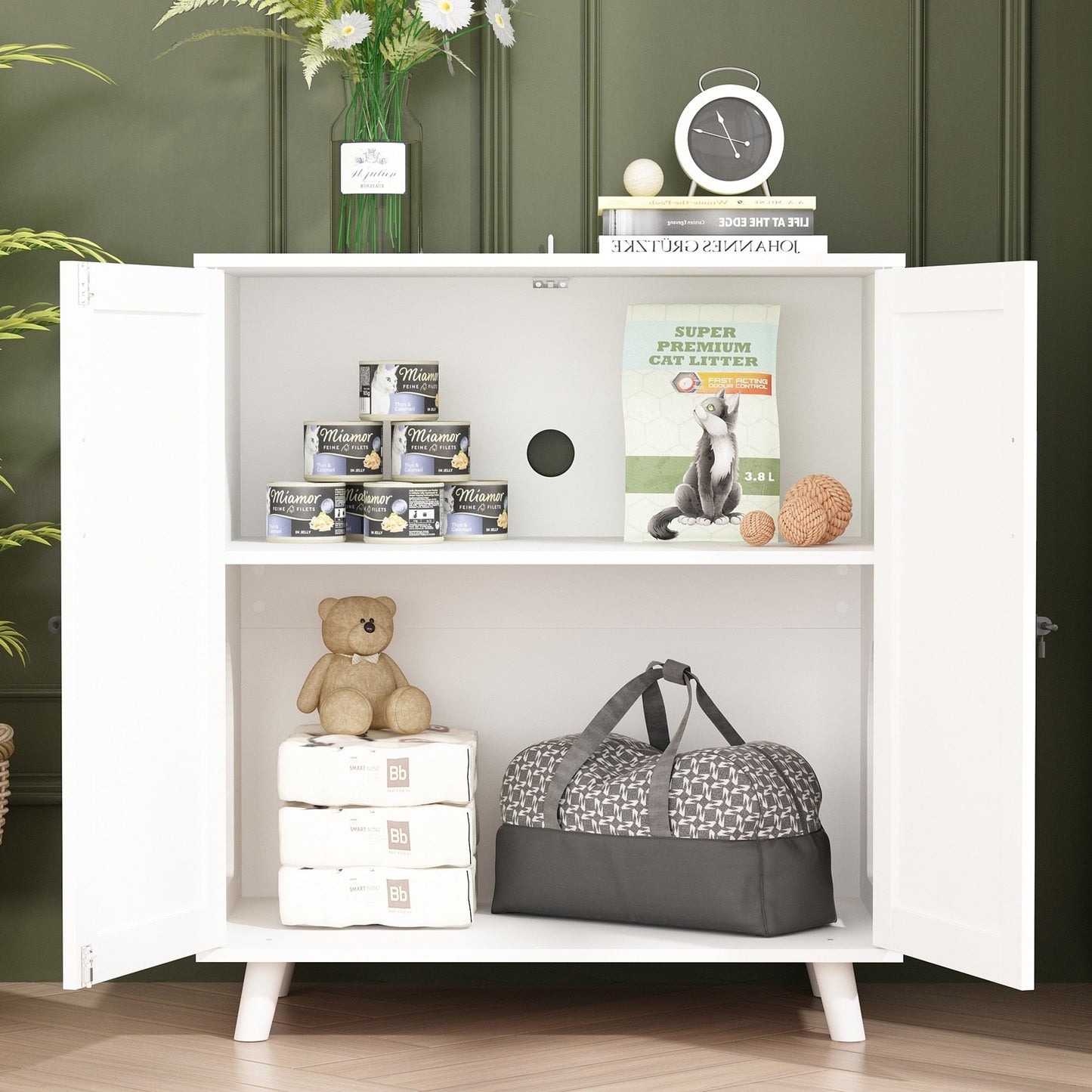 Lettiera per gatti, cuccia per gatti, tavolino laterale, porta, mobiletto, libreria