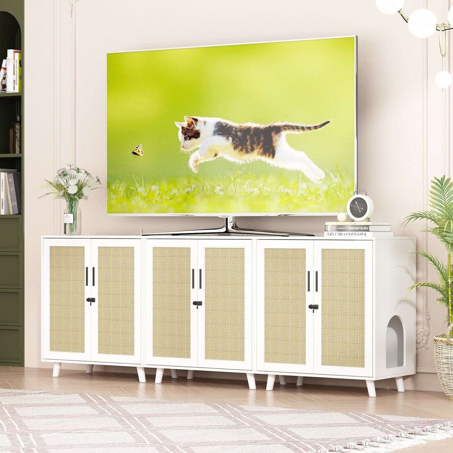 Lettiera per gatti, cuccia per gatti, tavolino laterale, porta, mobiletto, libreria