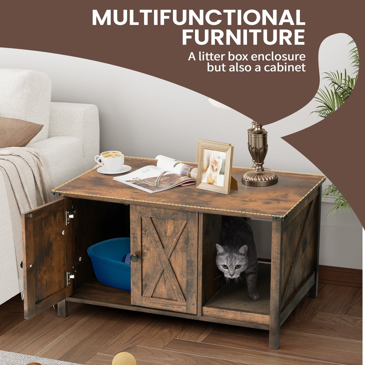 Recinto per lettiera per gatti, mobiletto nascosto in legno per toilette per gatti con tiragraffi