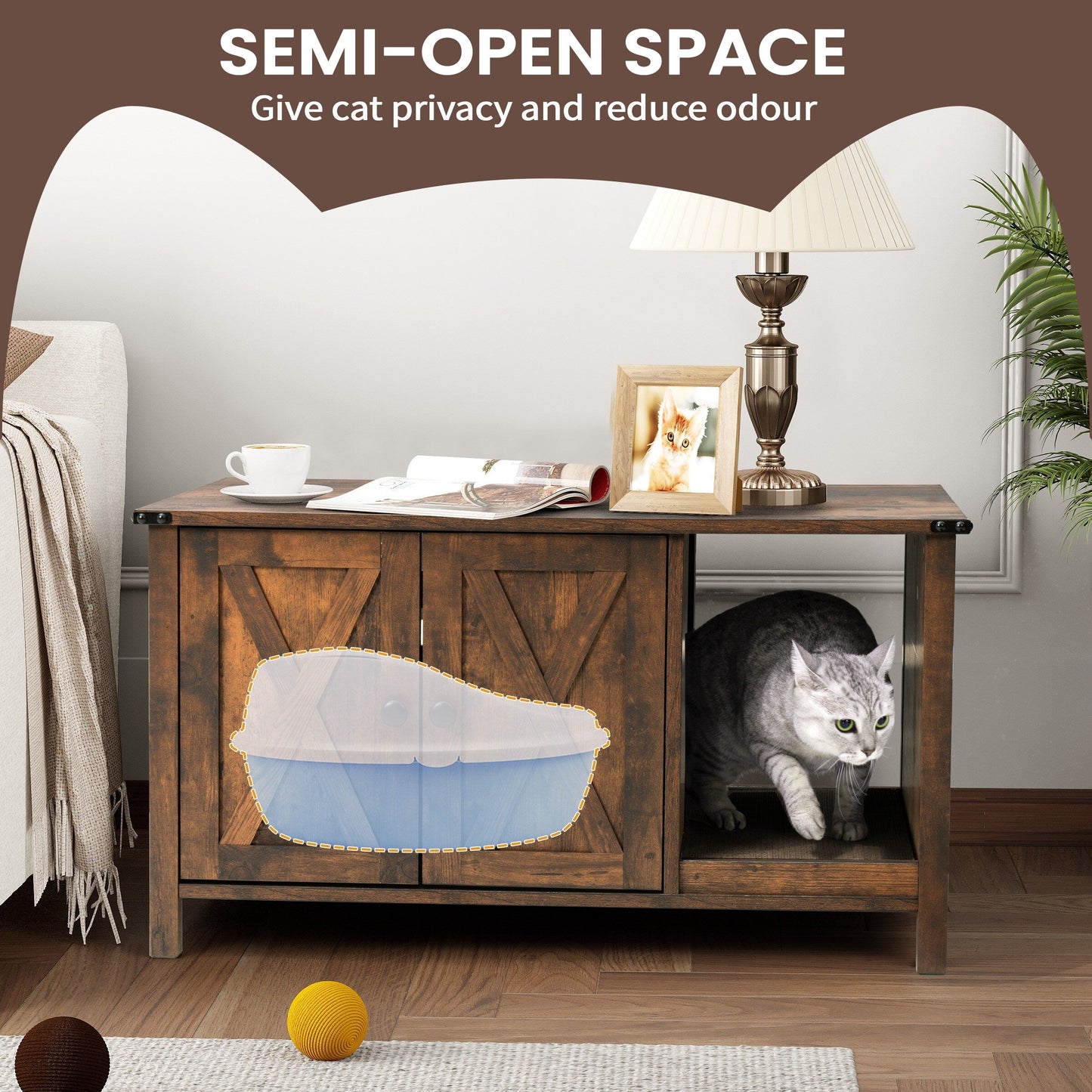 Recinto per lettiera per gatti, mobiletto nascosto in legno per toilette per gatti con tiragraffi