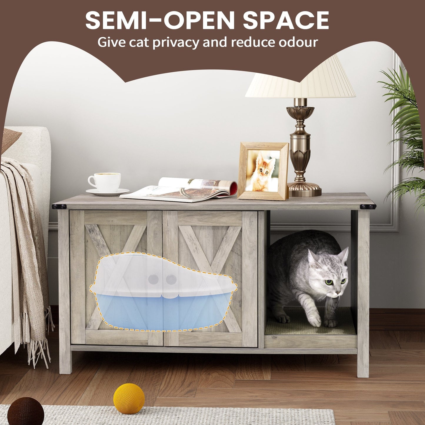 Recinto per lettiera per gatti, mobiletto nascosto in legno per toilette per gatti con tiragraffi