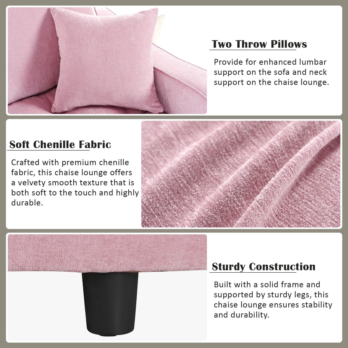 Divano letto con chaise longue in ciniglia, divano imbottito con schienale trapuntato e 2 cuscini staccabili per soggiorno