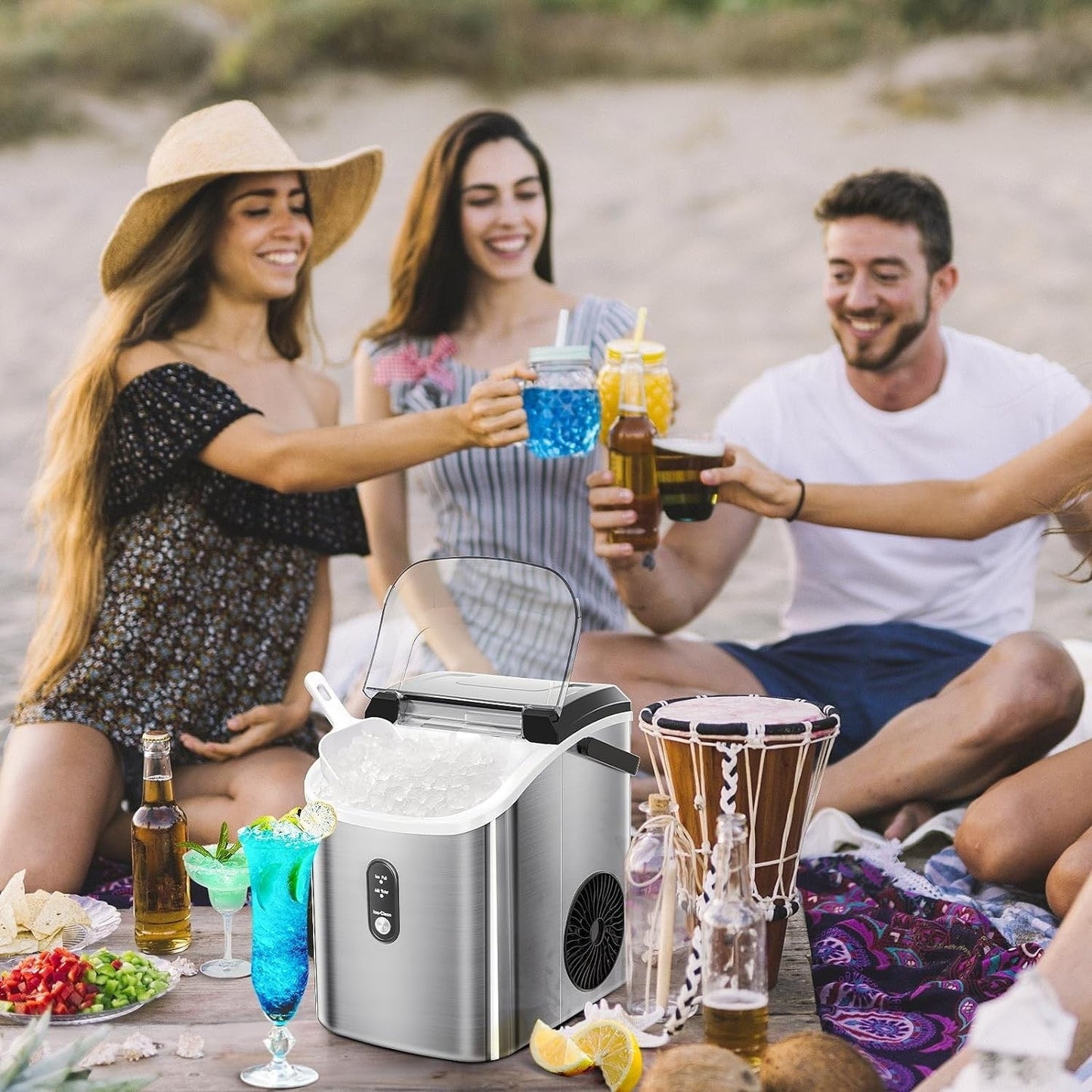 Nugget Ice, macchina per il ghiaccio portatile da banco con pulsanti meccanici, dotata di cestello e paletta per il ghiaccio, acciaio inossidabile