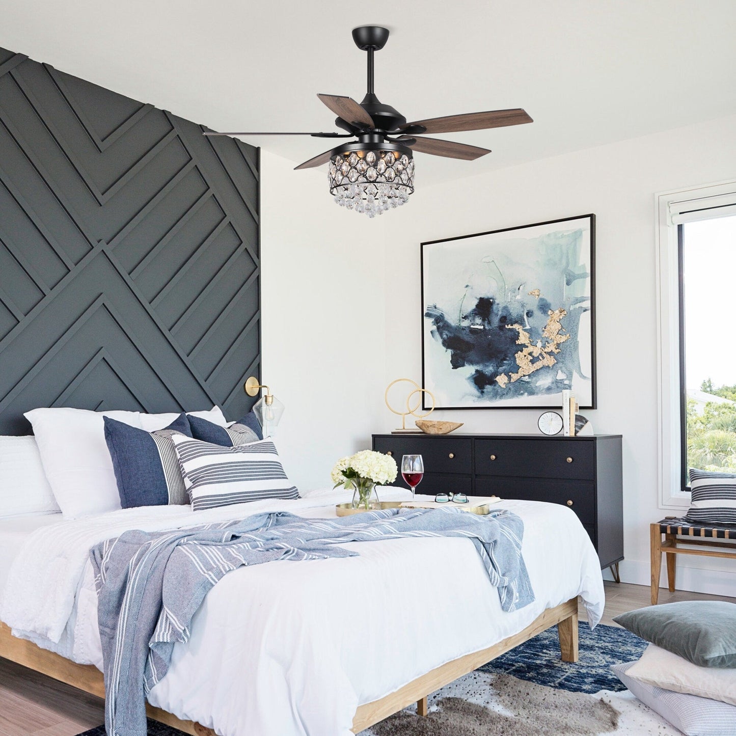 Lampadario/ventilatore da soffitto a 4 luci in cromo/cristallo con telecomando