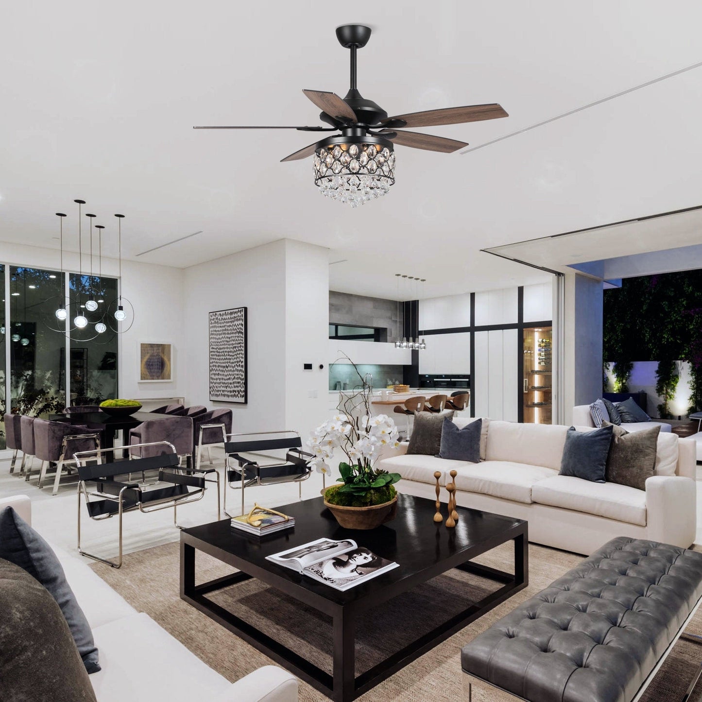 Lampadario/ventilatore da soffitto a 4 luci in cromo/cristallo con telecomando