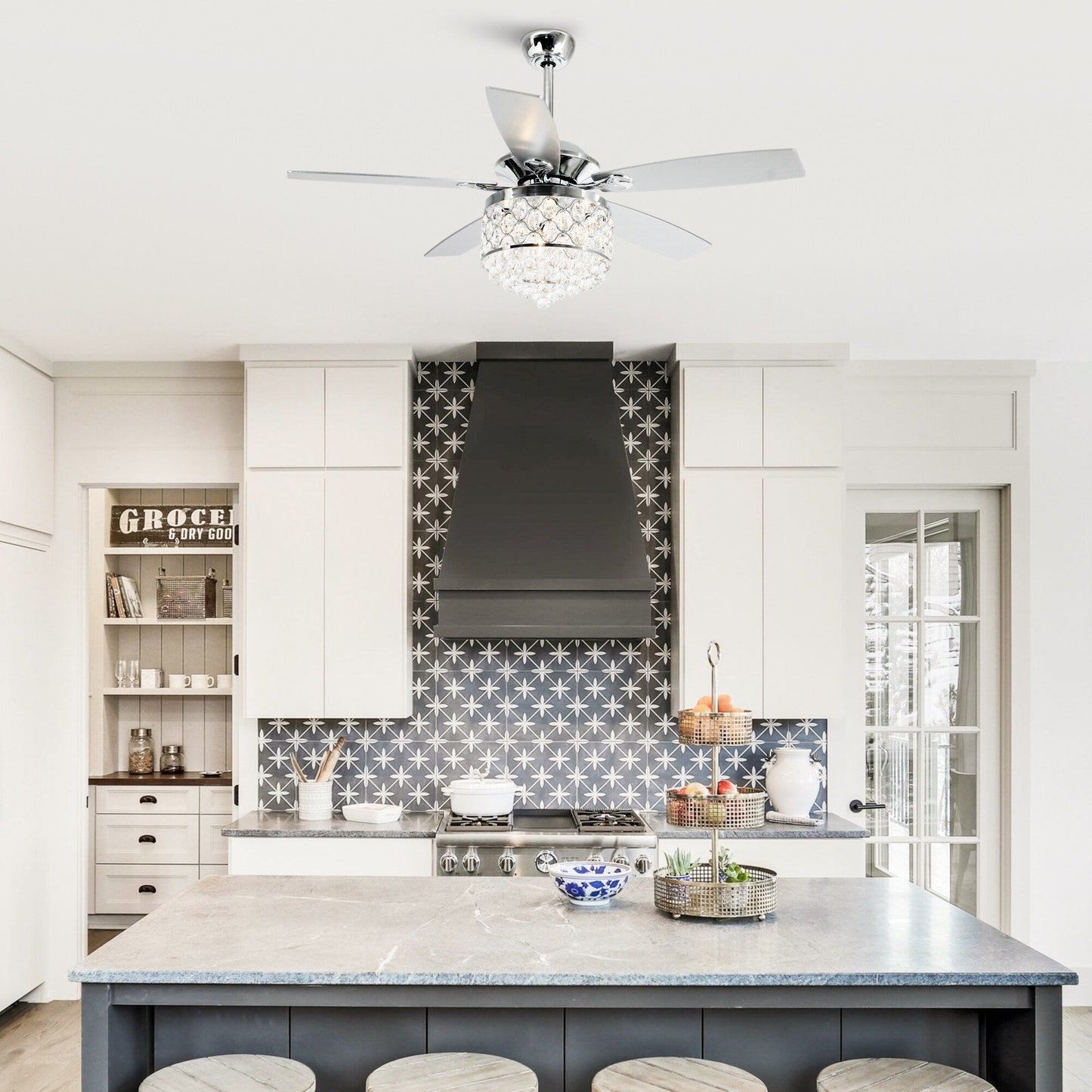 Lampadario/ventilatore da soffitto a 4 luci in cromo/cristallo con telecomando