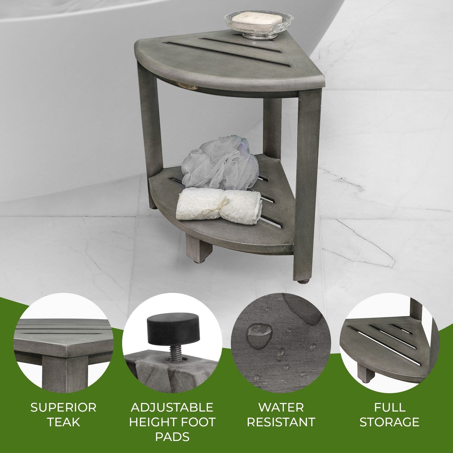 CoastalVogue, Mensola angolare per doccia in teak, Sgabello per doccia per radersi le gambe, Sgabello per piedi per doccia, Sgabello per doccia in teak, Sgabello angolare per doccia