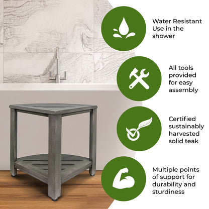 CoastalVogue, Mensola angolare per doccia in teak, Sgabello per doccia per radersi le gambe, Sgabello per piedi per doccia, Sgabello per doccia in teak, Sgabello angolare per doccia