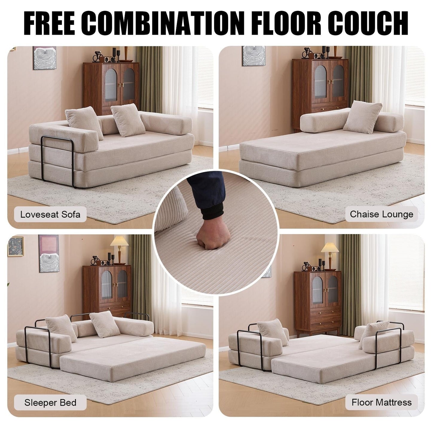 Divano letto trasformabile con schienale in ciniglia per soggiorno e camera da letto