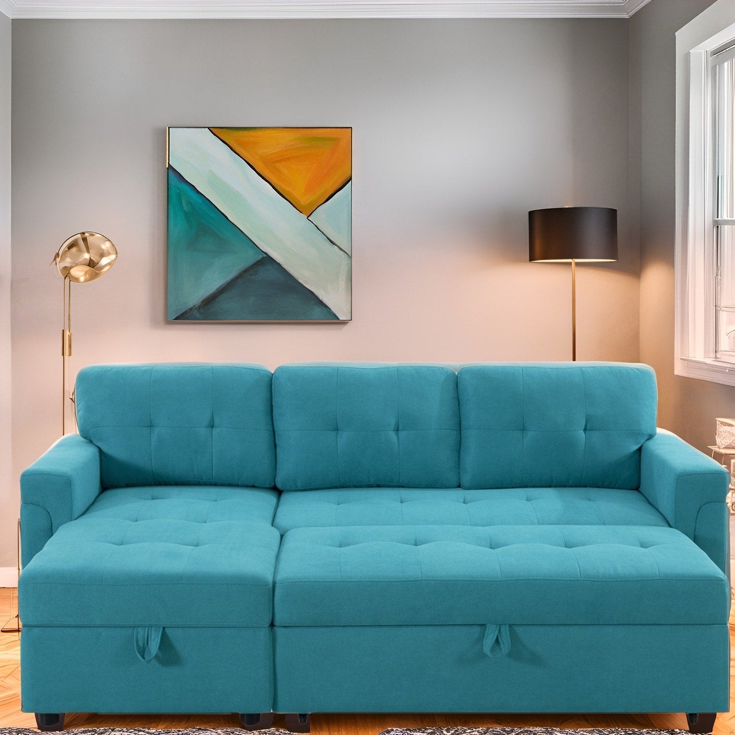 Divano componibile reversibile con letto estraibile, chaise longue con contenitore nascosto e gambe resistenti