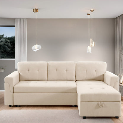 Divano componibile reversibile con letto estraibile, chaise longue con contenitore nascosto e gambe resistenti