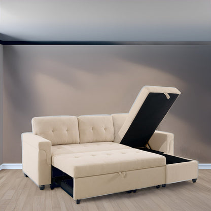 Divano componibile reversibile con letto estraibile, chaise longue con contenitore nascosto e gambe resistenti