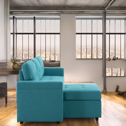 Divano componibile reversibile con letto estraibile, chaise longue con contenitore nascosto e gambe resistenti