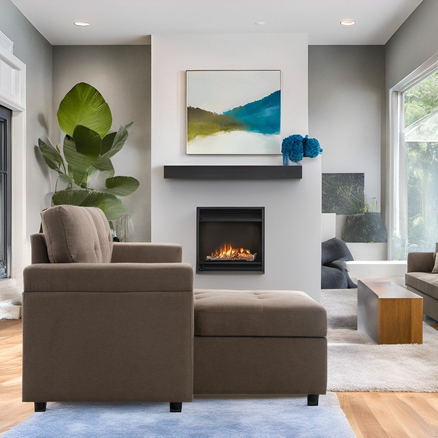 Divano componibile reversibile con letto estraibile, chaise longue con contenitore nascosto e gambe resistenti