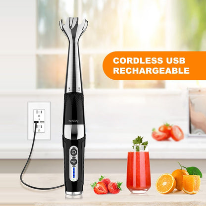 Frullatore a immersione senza fili: frullatore a immersione ricaricabile tramite USB 4 in 1, 21 velocità variabili e 3 angoli regolabili con tritatutto da 700 ml