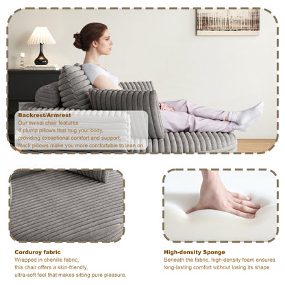 Sedia girevole singola in velluto a coste e ciniglia