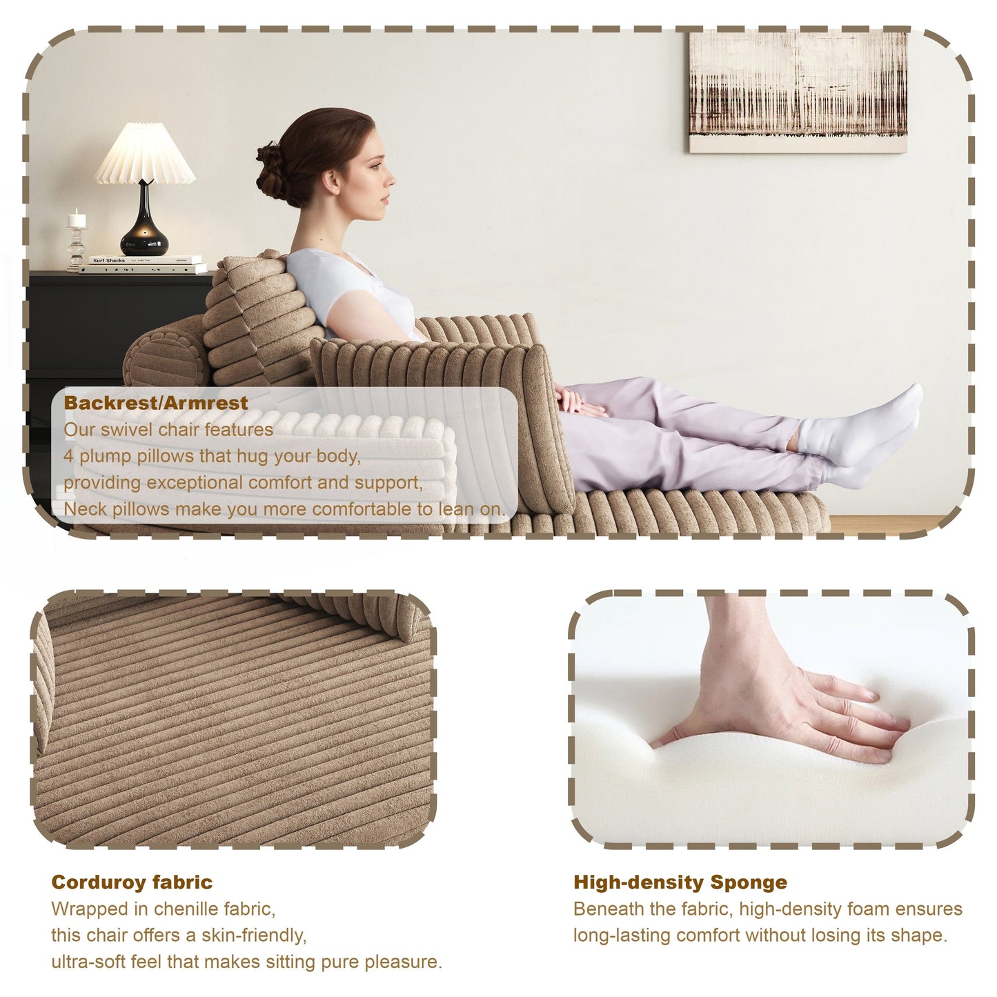 Sedia girevole singola in velluto a coste e ciniglia