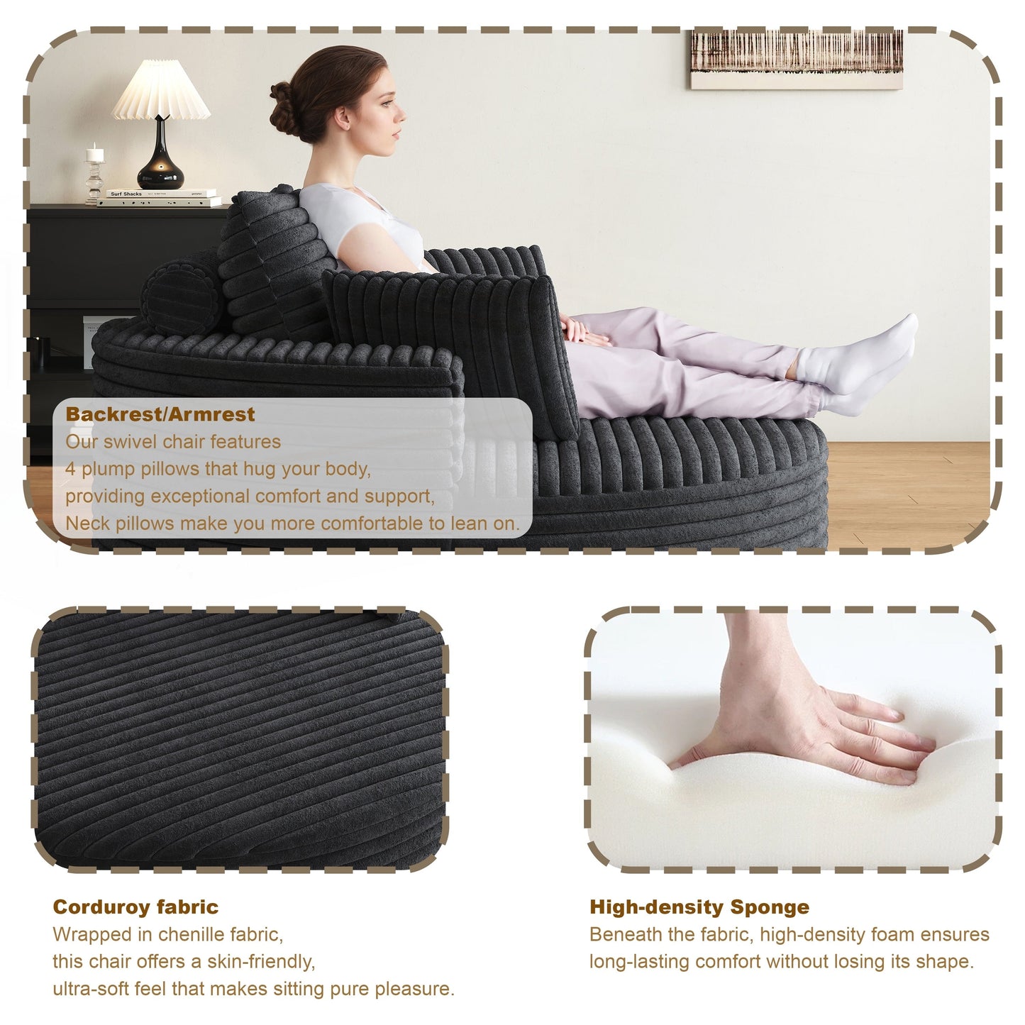 Sedia girevole singola in velluto a coste e ciniglia