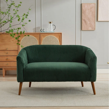 Divano a 2 posti rivestito in tessuto di velluto a coste con gambe in legno di noce