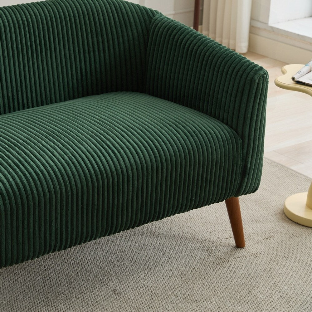 Divano a 2 posti rivestito in tessuto di velluto a coste con gambe in legno di noce