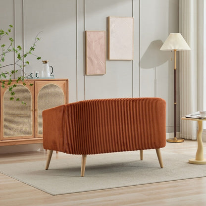 Divano a 2 posti rivestito in tessuto di velluto a coste con gambe in legno di noce