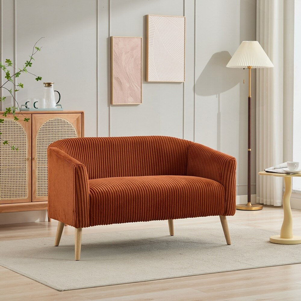 Divano a 2 posti rivestito in tessuto di velluto a coste con gambe in legno di noce