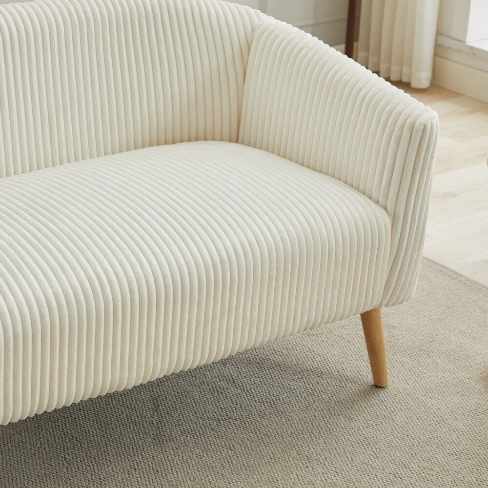 Divano a 2 posti rivestito in tessuto di velluto a coste con gambe in legno di noce