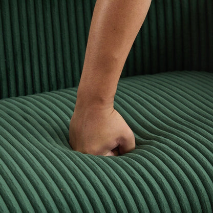 Divano a 2 posti rivestito in tessuto di velluto a coste con gambe in legno di noce