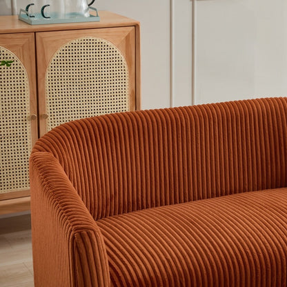 Divano a 2 posti rivestito in tessuto di velluto a coste con gambe in legno di noce