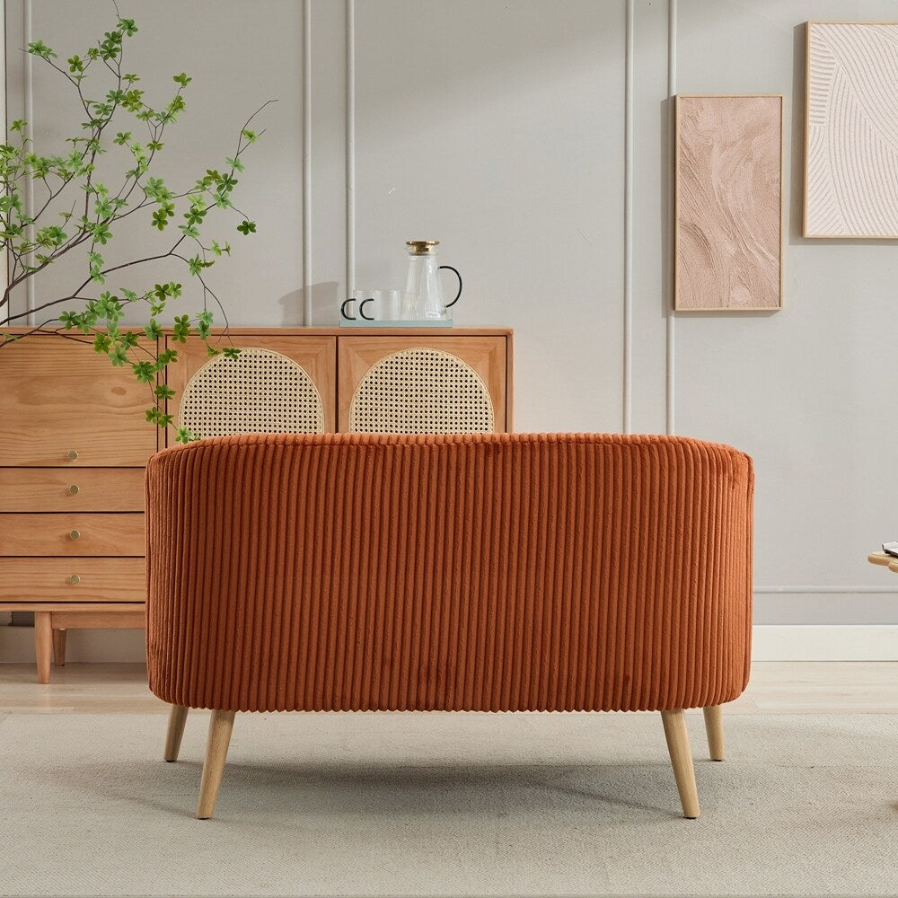 Divano a 2 posti rivestito in tessuto di velluto a coste con gambe in legno di noce