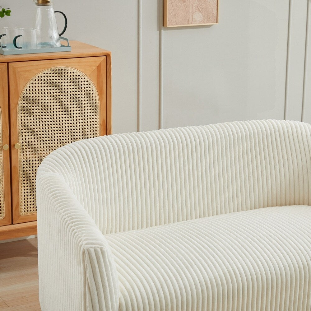 Divano a 2 posti rivestito in tessuto di velluto a coste con gambe in legno di noce