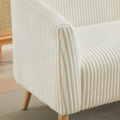 Divano a 2 posti rivestito in tessuto di velluto a coste con gambe in legno di noce